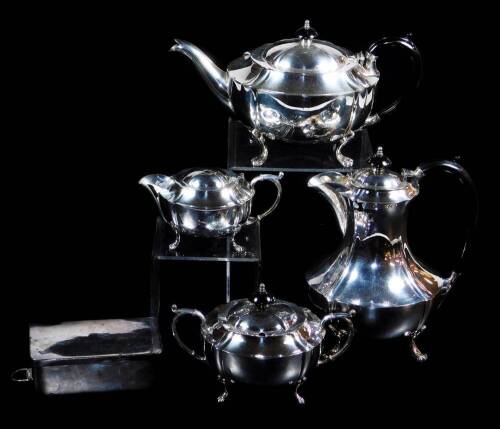 A 20thC Hegworth silver plated four piece service, comprising coffee pot, 23cm high, teapot, two handled sugar bowl and milk jug, each of shaped form on quadruple paw feet, and a silver plated box. (a quantity)