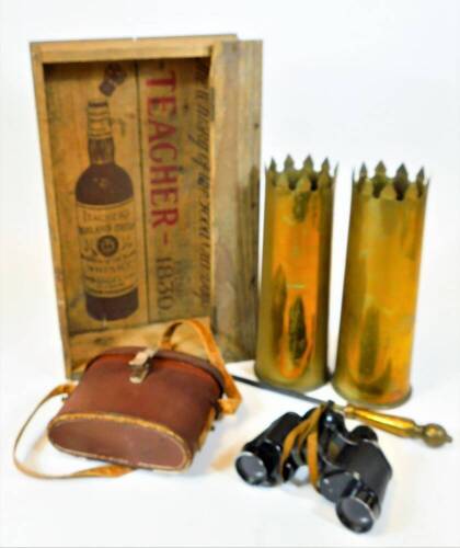 A vintage Teacher's Whisky pine advertising crate, of rectangular form, 43cm high, (AF), a pair of Aquilus binoculars in brown leather case, two brass shell case vases with castellated tops, etc. (a quantity, AF)