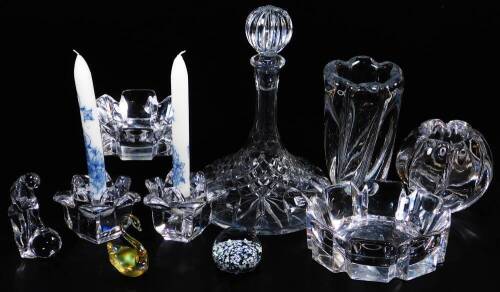 Various Orrefors Swedish Studio glass, to include a swirl vase of plain form, labelled beneath, 21cm high, a graduated pair of dishes with castellated tops, a similar pair of candlesticks, further vase and other glassware, ship's decanter, floral paperwei