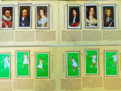 Various coins, cigarette cards, etc., Player & Sons Tennis part sets, Kings & Queens of England, Medical Discovery stamps, various other trade cards, Park Drive, Kensitas National Flags Silks part set, cased coin sets 1967 to include sixpence, another. (a - 4