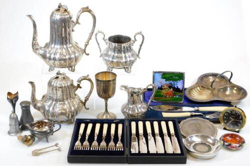 Various silver plated ware, etc., an early 20thC four piece tea and coffee service, to include coffee pot, 27cm high, teapot, two handled sugar bowl, etc., each heavily repousse decorated and chased, with raised flowers, etc., a plated goblet marked The C