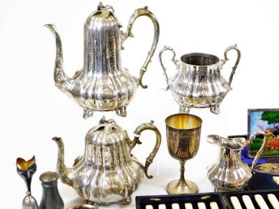 Various silver plated ware, etc., an early 20thC four piece tea and coffee service, to include coffee pot, 27cm high, teapot, two handled sugar bowl, etc., each heavily repousse decorated and chased, with raised flowers, etc., a plated goblet marked The C - 4