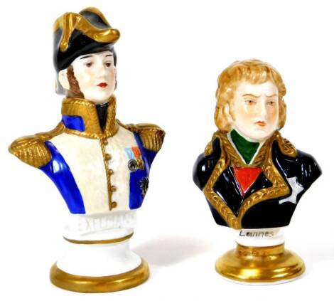 A 20thC Sitzendorf porcelain bust, entitled Exelmans, a Ludwigsburg Ox Wurttemberg bust Lannes, 10cm high, each marked. (2)