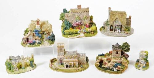 Various Lilliput Lane groups, to include St Andrews Church Dacre 2572, Queen Alexandra's Nest, Penny Sweets, Cider Apple Cottage, Cotman Cottage, The Summerhouse and Porters Lodge. (6, boxed with some paperwork)