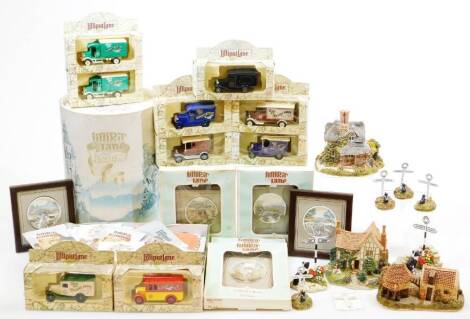 Various Lilliput Lane and related items, to include die cast vehicles, etc., general guides, little lost dog, all versions plus duplicate, a vacant box Castle Collection, Blaise Hamlet Collection Oak Cottage, etc. (a quantity with some boxes and some pap