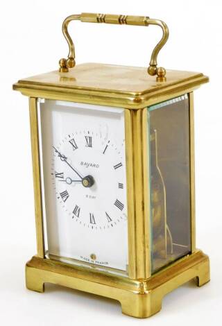 A 20thC French Bayard brass carriage clock, of rectangular form with swing handle, 6cm wide Roman numeric dial and visible movement, in a case stamped DUVERDREY & BLOQUEL, FRANCE, on bracket feet, (with handle lowered), 13cm high.