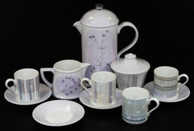 A Portmeirion Dawn pattern Julie Ingham part coffee service, to include coffee pot, 25cm high, milk jug, lidded sugar bowl, coffee cans, etc. printed marks beneath. (a quantity)