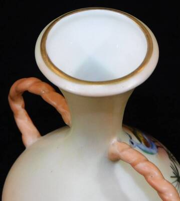 A Royal Worcester Locke & Co two handled blush ivory vase, decorated with a peacock, green Locke & Co mark, c1890, 7.5cm high. - 3