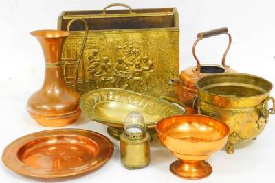 Various metalware, a mid 20thC brass newspaper rack, 32cm high, 37cm wide, 15cm deep, comport, copper kettle, other copper ware, basket with swing handle, etc. (a quantity)