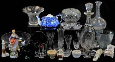 Various glassware, etc., a swirl glass vase of inverted bell shaped form, 9cm high, cranberry glass sugar bowl on metal stand, 19thC dwarf ale glass, crested china, Copeland's china blue and white teapot, vaseline glass, etc. (a quantity)