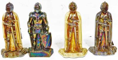 Various cast metal knight companion set stands, each lustre finish with removable helmets, 39cm high, a small quantity of various fireside tools, etc. (a quantity)