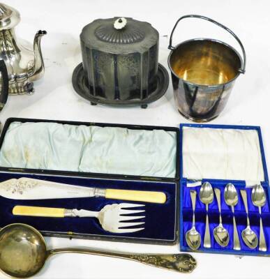 Various silver plated ware, metal ware, etc., a pewter biscuit box of shaped form on oval stand 20cm high, cased fish servers, double plated waiter marked first carbing prize won by Sargent I A Bone 1866, basked with swing handle, etc. (a quantity) - 3