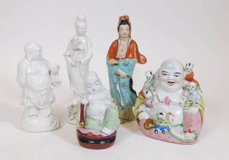 Various Chinese figures, a figure of Buddha surrounded by many children, partially decorated in green, yellow and orange, 19cm high, a blanc de chine figure of lady in flowing robes holding flowers, a further figure of Buddha, etc. (a quantity)