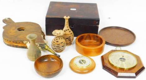 Various treen and effects, 20thC oak fire bellows, 42cm high, wall barometer, dish, plate, jewellery box with mother of pearl cartouche, etc. (a quantity)