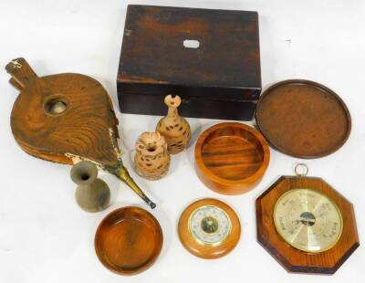 Various treen and effects, 20thC oak fire bellows, 42cm high, wall barometer, dish, plate, jewellery box with mother of pearl cartouche, etc. (a quantity) - 2