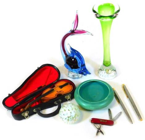 Various glassware, etc., a Moorcroft green glazed bowl of circular form, 11cm diameter, Swedish art glass stem vase, glass model of a fish, paperweight, Y1 Harper fountain pen and ball point pen, a miniature double bass in case, and a BSA advertising pock