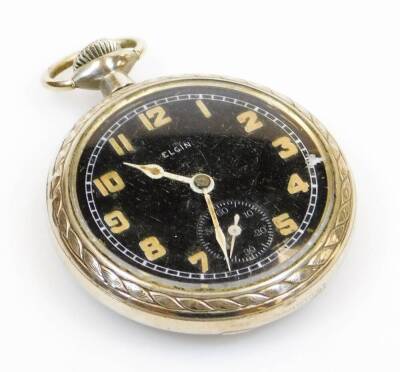 An early 20thC Elgin open faced pocket watch, with Arabic dial and subsidiary second hand, with black face and part tooled case with a compressed ring top, 7cm high.
