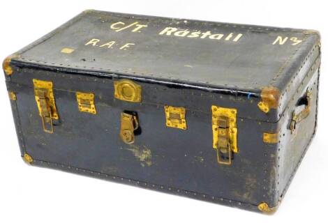 An early 20thC Harwen Trunk Co Hong Kong travel trunk, of rectangular form with metal corners, elaborate locks marked Ctrastall No7 RAF, 42cm high, 90cm wide, 53cm deep.