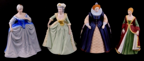 Four Franklin porcelain limited edition figures, Marie Antoinette, 22cm high, Elizabeth I, Isabella of Spain and Catherine The Great, matte finish, printed marks beneath, with certificate. (4)