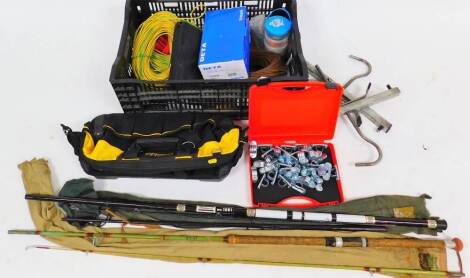 Various bygones, collectables, etc., wire, tools, fishing rods, Stanley Fatmax case, etc. (a quantity)