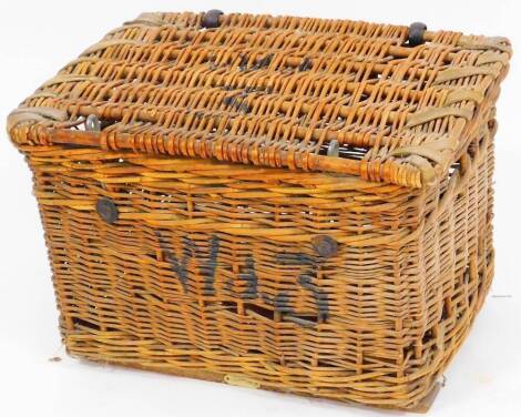 A wicker basket, with leather strap, of rectangular form with hinged lid, with painted number 3 to the top, 37cm high, 56cm wide, 41cm deep.