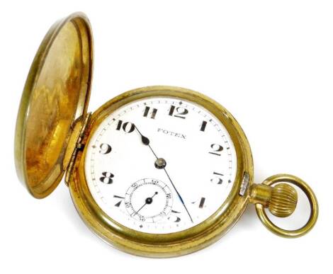 A 20thC gold plated pocket watch, of circular form, partially engine turned with vacant cartouche and plain top, the 4cm diameter Arabic dial set with Arabic subsidiary second hand, marked Fotex, manual wind movement, 7cm high. (AF)