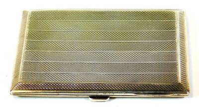 A George V silver cigarette case, of rectangular form with thumb mould opening, partially engine turned with engraved interior To Jack From Fred January 1923, Birmingham 1922, 11cm wide, 5½oz.