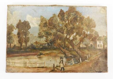 H W S (19thC). Figure on a path before trees and cottage, oil on canvas, initialled, 20cm x 31cm.