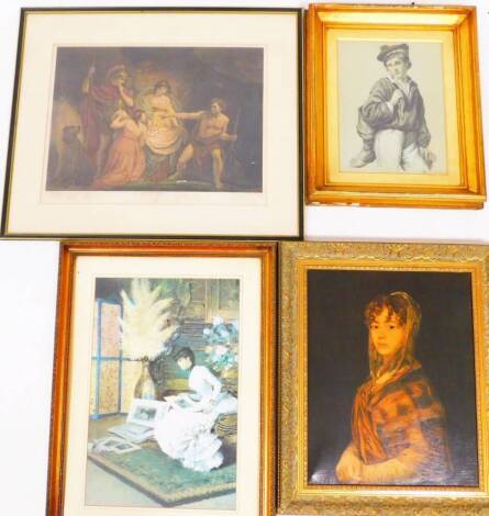 Various prints, etc., Lady quarter profile, over stained print, 58cm x 42cm, After Opie Shakspeare (S I C), print in decorative gilt frame, etc. (4)