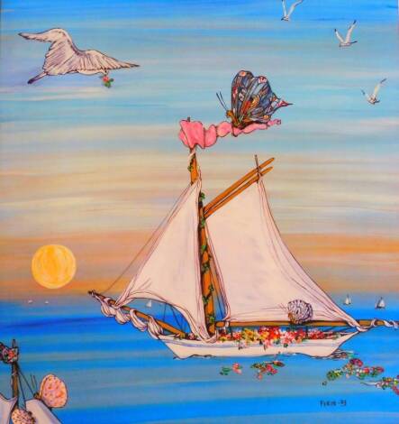 After Fleur. Boat on calm waters with bird, print, 49cm x 46cm.