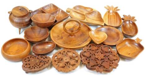 Various treen, shaped dishes, leaf shaped example, 29cm wide, carved stands, etc. (a quantity)