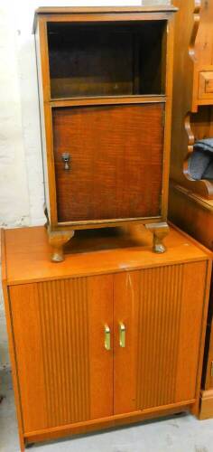 An oak finish pedestal cabinet, and a teak record player cabinet 69cm high, 65cm wide, 42cm deep, containing a quantity of 33rpm records, etc., classical music, The Phantom Of The Opera, etc. (a quantity)