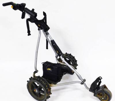 A PowaKaddy electric golf trolley, grey and black colour way, battery, 95cm high.