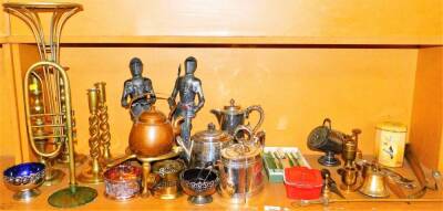 Various metalware, 20thC knight fireside sets, 39cm high, copper kettle, trumpet shaped vase, various turned and other candlesticks, to include a pair of candlesticks, etc., sugar box, bright cut plated teapot, etc. (a quantity)