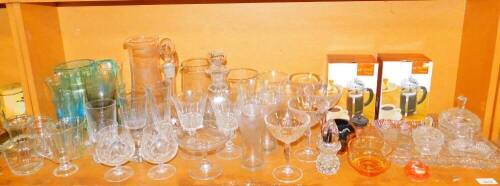 Various glassware, mallet shaped decanter with compressed stopper, 25cm high, Martini style glasses, coffee press Vienna percolators, blue glass drink set to include jug etc. (1 shelf)