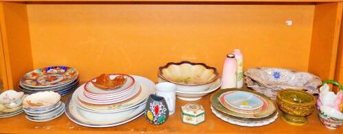 Various pottery and effects, a pair of vases, one with plated collar, Imari plates, 22cm diameter, etc., oval meat platter, shaped dishes, etc. (a quantity)