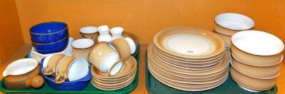 Various Denby dinnerware, etc., to include a part dinner service, including plates, 26cm diameter, soup bowls, decorated in brown glaze on white ground, various other Denby, Denby type dinnerware, etc. (1 shelf)