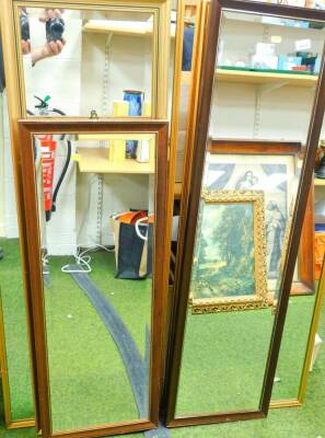 Various rectangular hanging mirrors, to include one bevel glass example, 96cm x 35cm, etc. (a quantity)