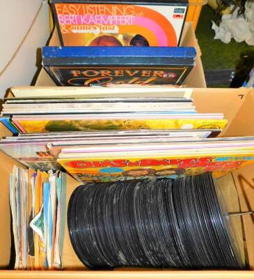 Various records, record sets, etc., Chas and Dave's Knees Up, 33rpm, various other similar, 45rpm popular music, Forever Gold four record etc., Action Camera record set, Dean Martin, etc. (2 boxes)