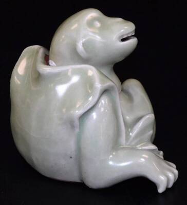 A Japanese celadon koro and cover, formed as a seated monkey with detachable head, signed to the base, Sanda Kilns, Meiji period, with original wooden box, 13cm long. - 3