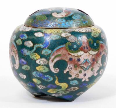 A Japanese green ground cloisonne tripod koro and pierced cover, decorated with stylized bats on a cloud background, the base marked Great Ming, 9cm diameter. - 2