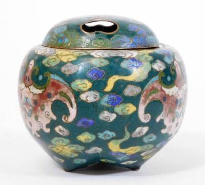 A Japanese green ground cloisonne tripod koro and pierced cover, decorated with stylized bats on a cloud background, the base marked Great Ming, 9cm diameter. - 3