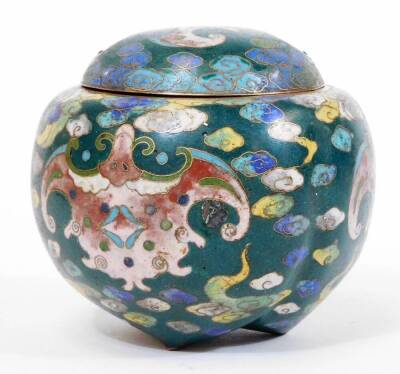 A Japanese green ground cloisonne tripod koro and pierced cover, decorated with stylized bats on a cloud background, the base marked Great Ming, 9cm diameter. - 4
