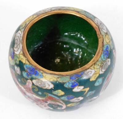 A Japanese green ground cloisonne tripod koro and pierced cover, decorated with stylized bats on a cloud background, the base marked Great Ming, 9cm diameter. - 5