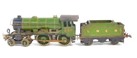 A Hornby O gauge locomotive and tender 'The Bramham Moor', E220 special, 20v electric, LNER green livery, 4-4-0, No. 201. (AF)