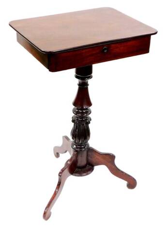 A Victorian mahogany work table, the oblong top raised above a fitted drawer on baluster column terminating in three shaped scroll feet, 78cm high, 48cm wide, 36cm deep.