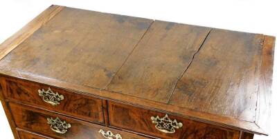 A principally 18thC walnut and oak chest, of two short and three long drawers, each with pierced plate back swan neck handles, flanked by quarter columns with panelled sides, on ogee bracket feet , 93cm high, 104cm wide, 44cm deep. - 2