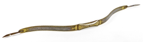 An Eastern steel bow, of shaped form with yellow metal inlay, scroll and floral border, 83cm wide. (AF)