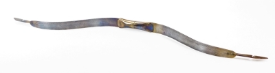 An Eastern steel bow, of shaped form with yellow metal inlay, scroll and floral border, 83cm wide. (AF) - 2