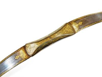 An Eastern steel bow, of shaped form with yellow metal inlay, scroll and floral border, 83cm wide. (AF) - 3